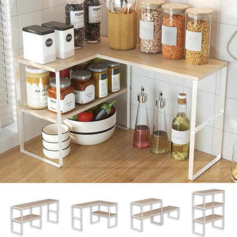 Golener countertop organizer 2-tier corner shelf in natural beige for compact storage.