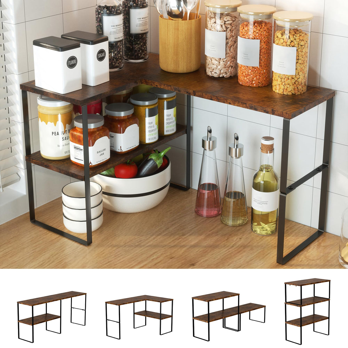 Golener countertop organizer corner shelf in kitchen with spice jars and utensils