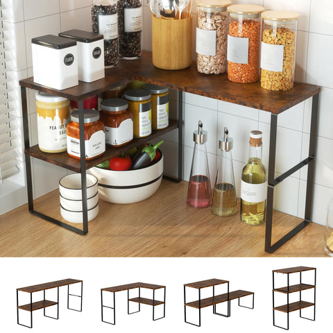 Golener countertop organizer corner shelf in kitchen with spice jars and utensils