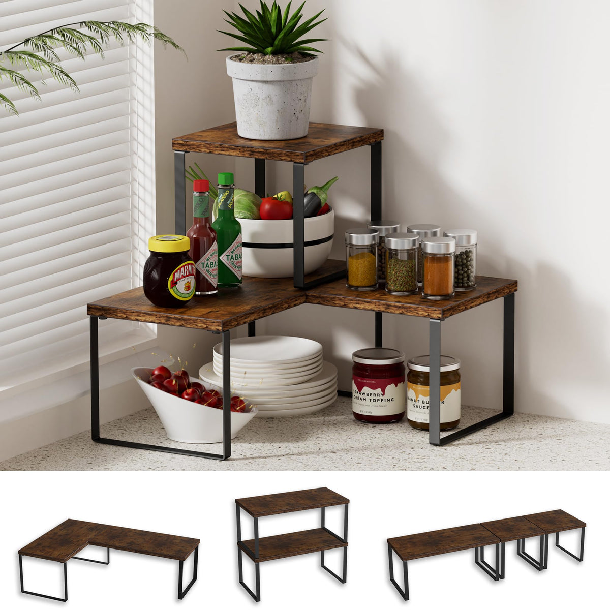 Golener countertop organizer corner shelf in wood finish for organized spices and utensils.
