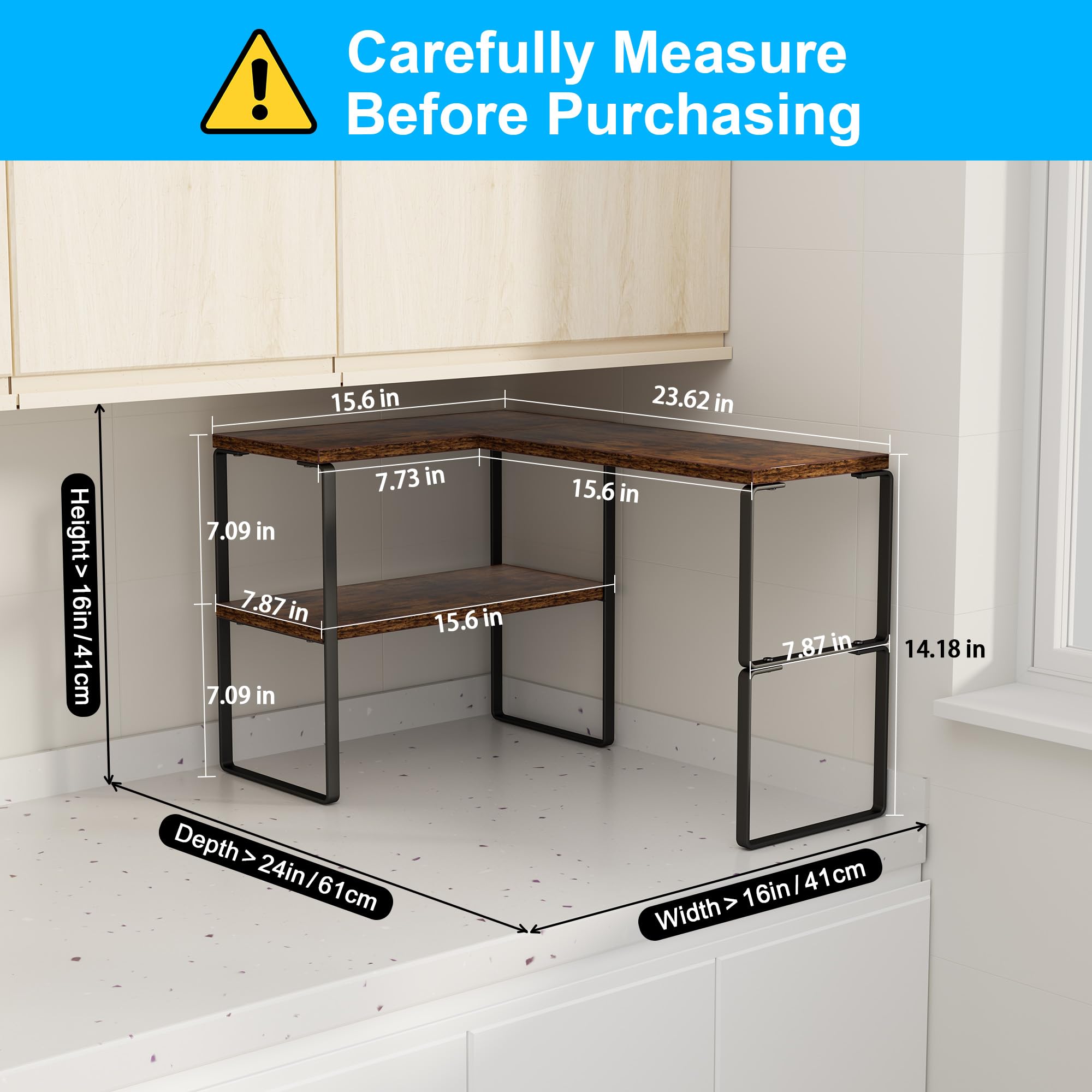 Golener two-tier adjustable corner shelf deployed on counter