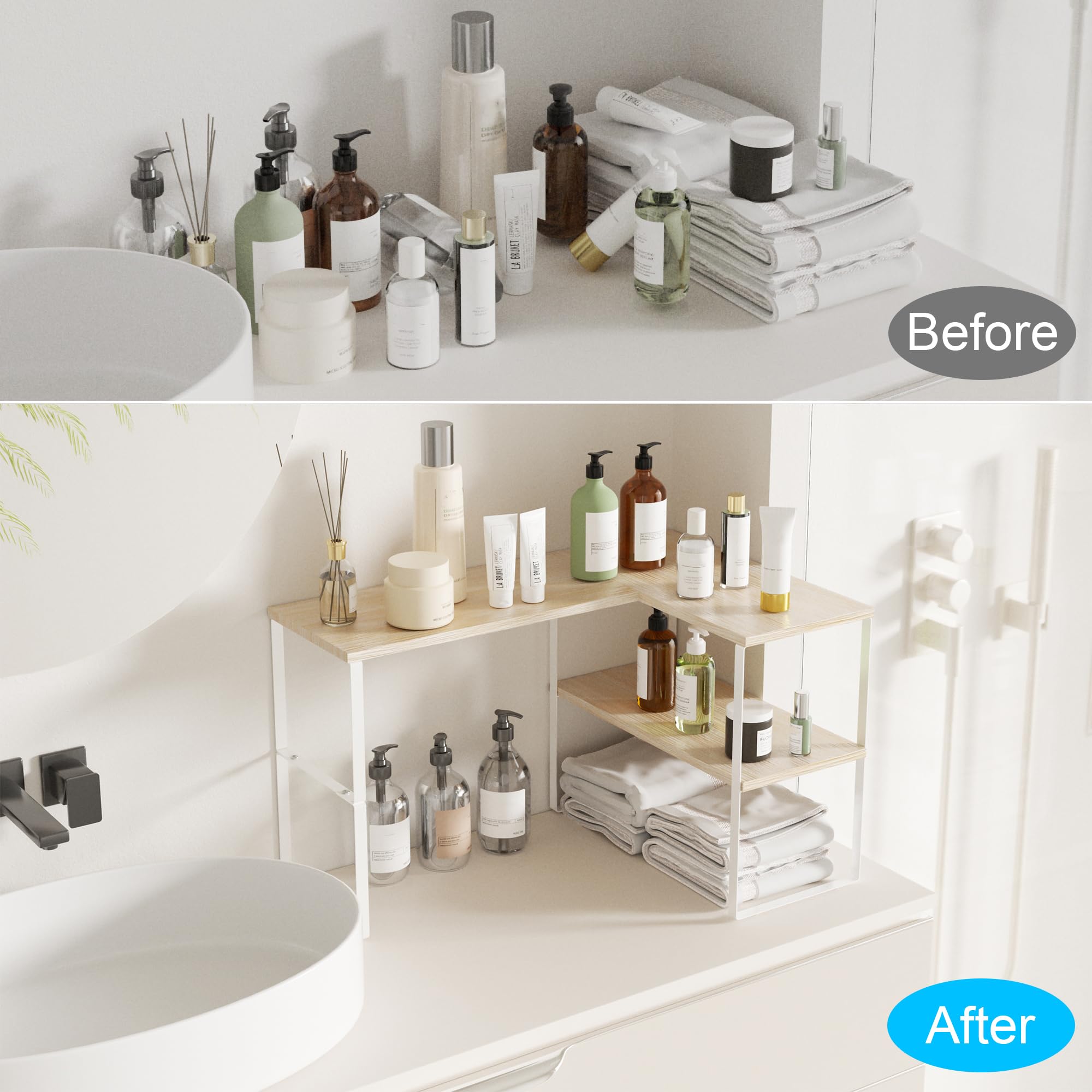 Golener wood and polished metal corner shelf adds modern style.