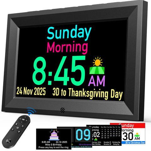 Goloza 7 inch dementia clock front view highlighting large display for easy time reading