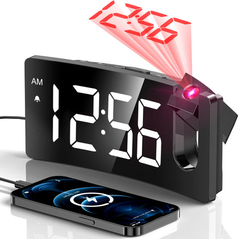 GOLOZA projection alarm clock with 180-degree projector arm for flexible wall viewing.