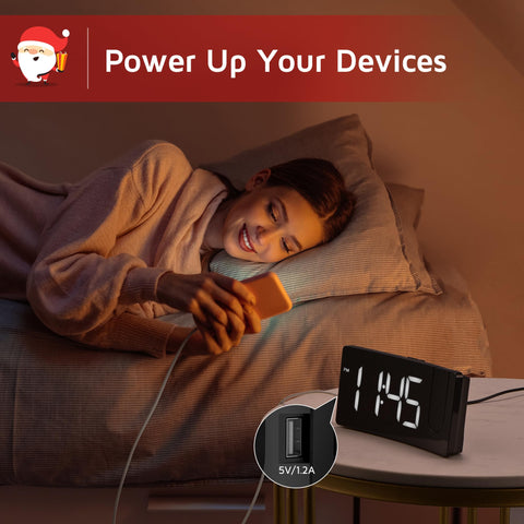 GOLOZA projection alarm clock with USB charging port for devices overnight.