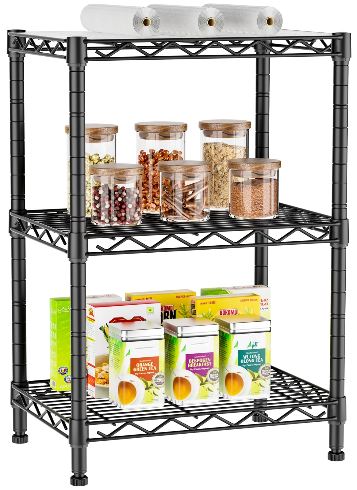 Golpart 3-tier adjustable shelf front view shows sturdy, space-saving storage.