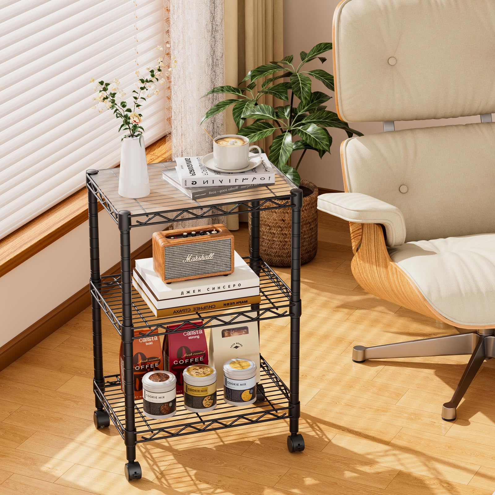 Golpart 3-tier adjustable shelf side view highlights compact design for small spaces.