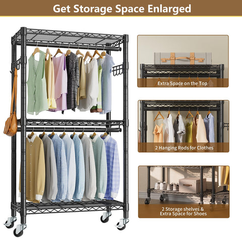 Golpart rack side hooks extend hanging space for accessories.