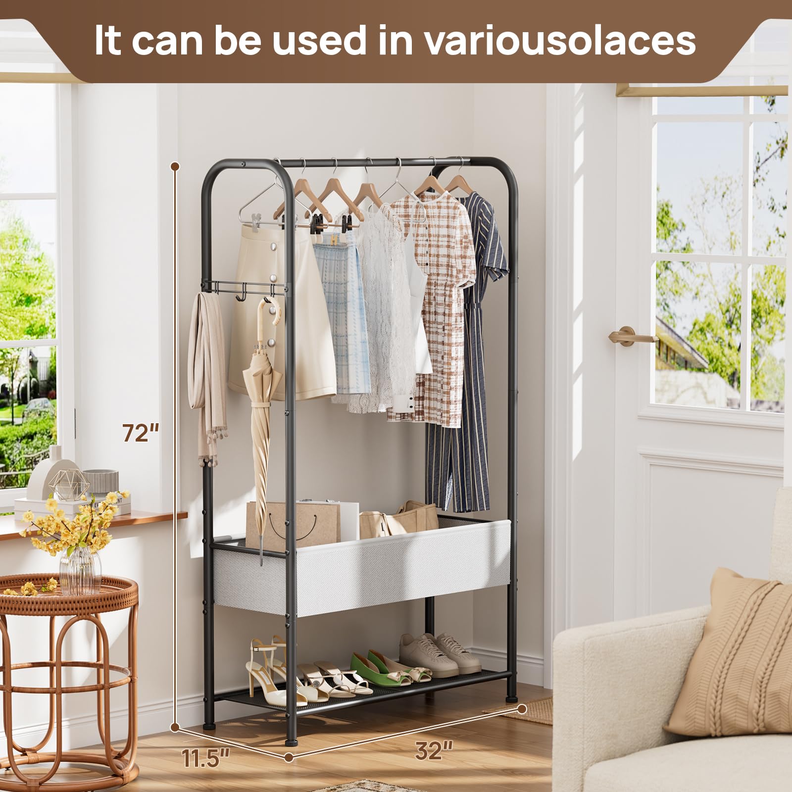 Golpart garment rack side hooks hold bags and accessories securely