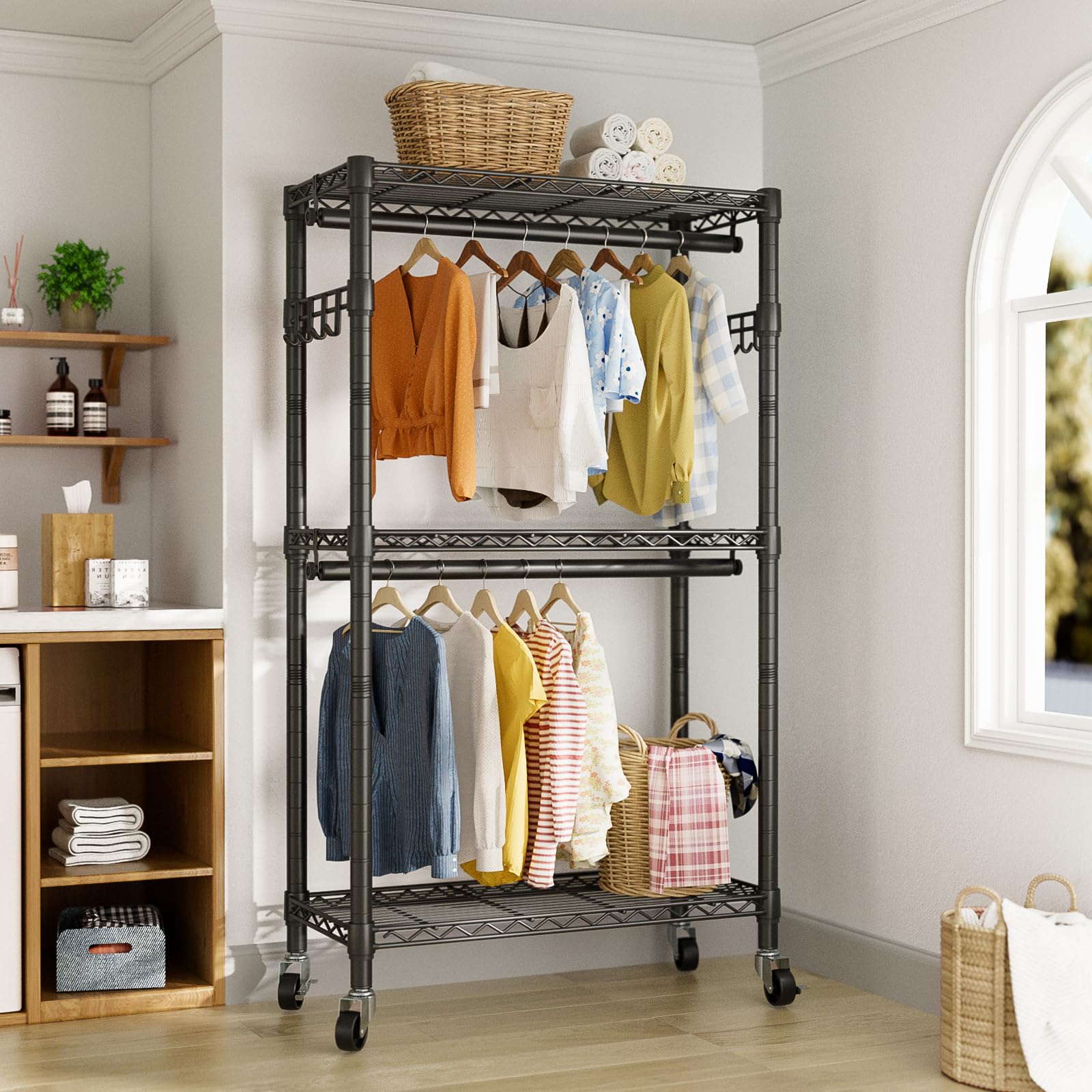 Golpart rack features side hooks for accessories and bags