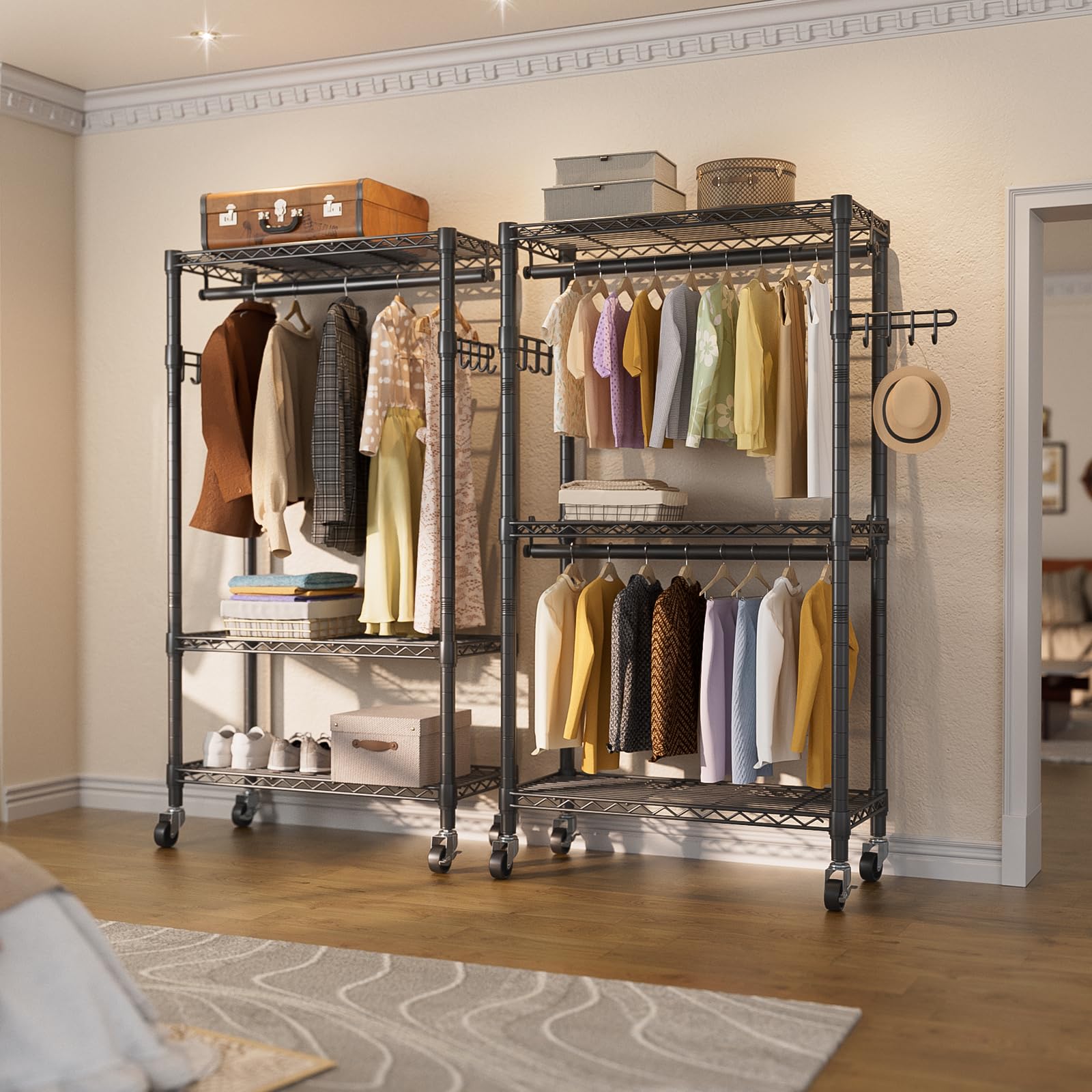 Golpart heavy-duty rack with two hanging rods for easy garment access