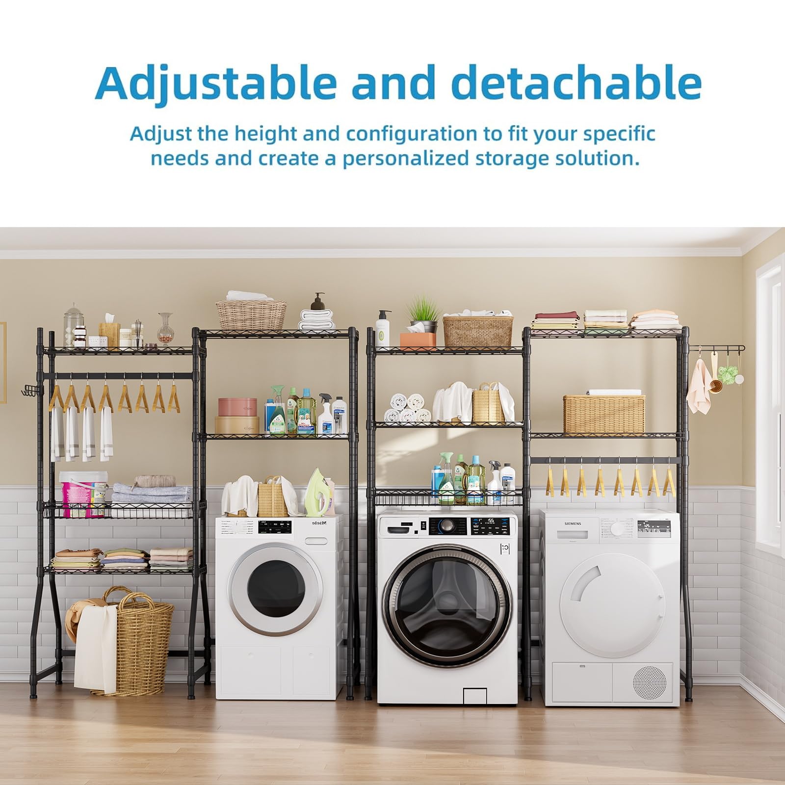 Golpart adjustable-height shelves customize storage to fit your washer space.