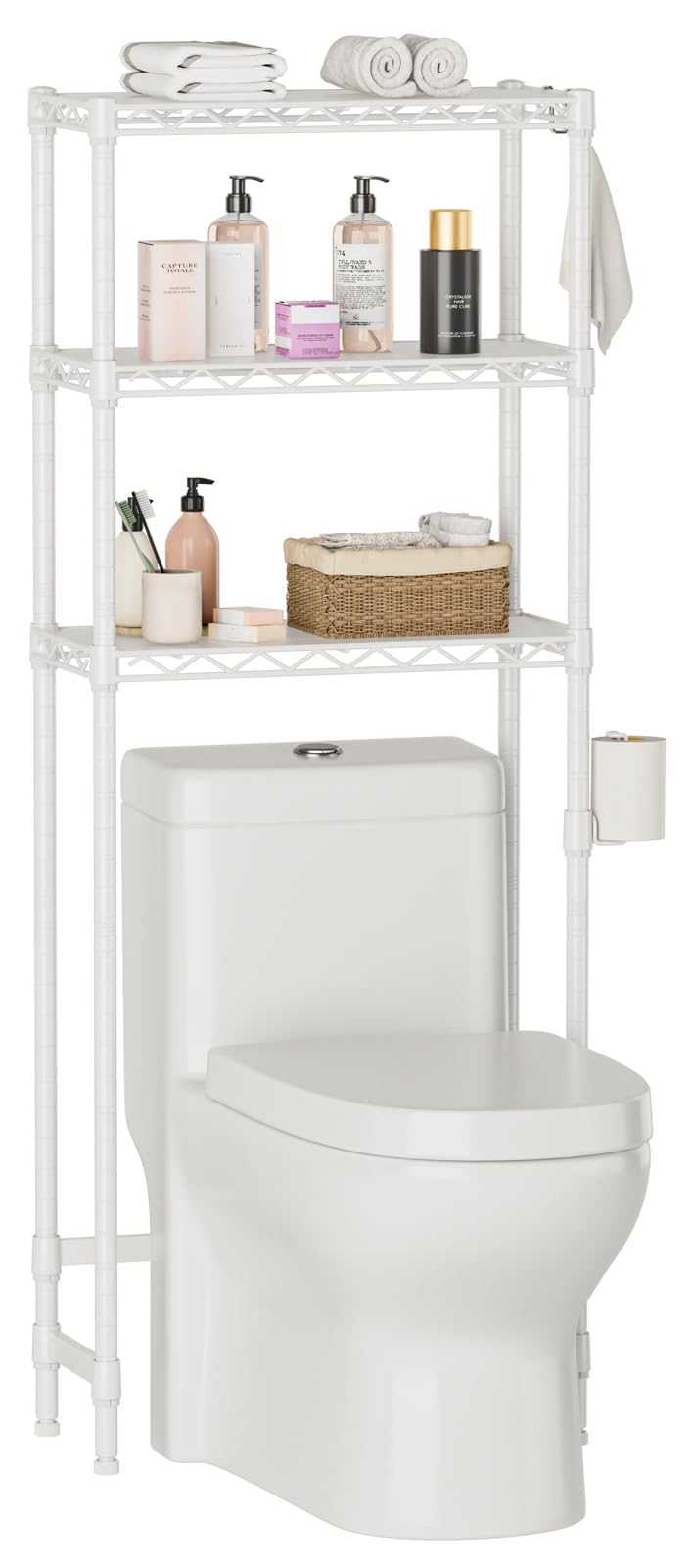 Golpart over-the-toilet shelf with three tiers provides organized storage and space savings.