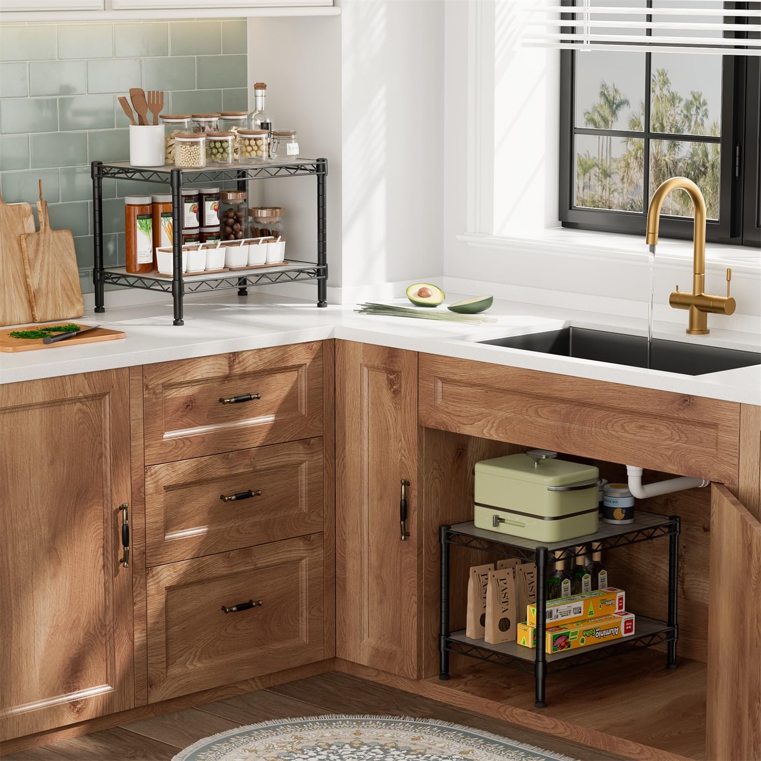 Golpart shelving in kitchen organizes spices and bottles