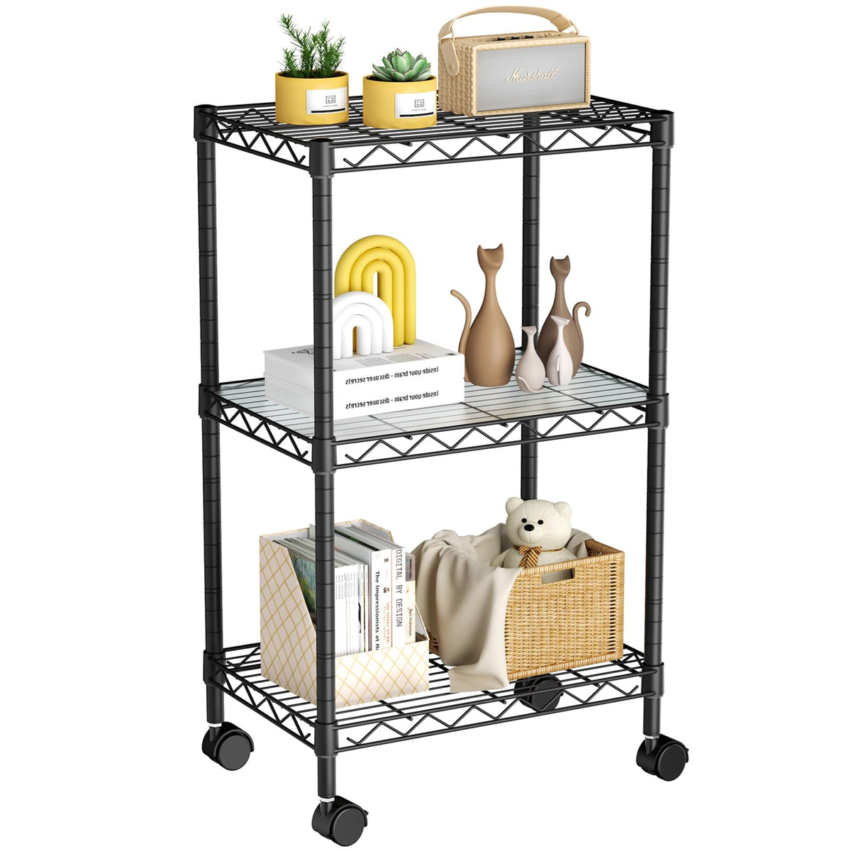 Golpart small 3-tier wire shelving unit with wheels for easy room-to-room organization.
