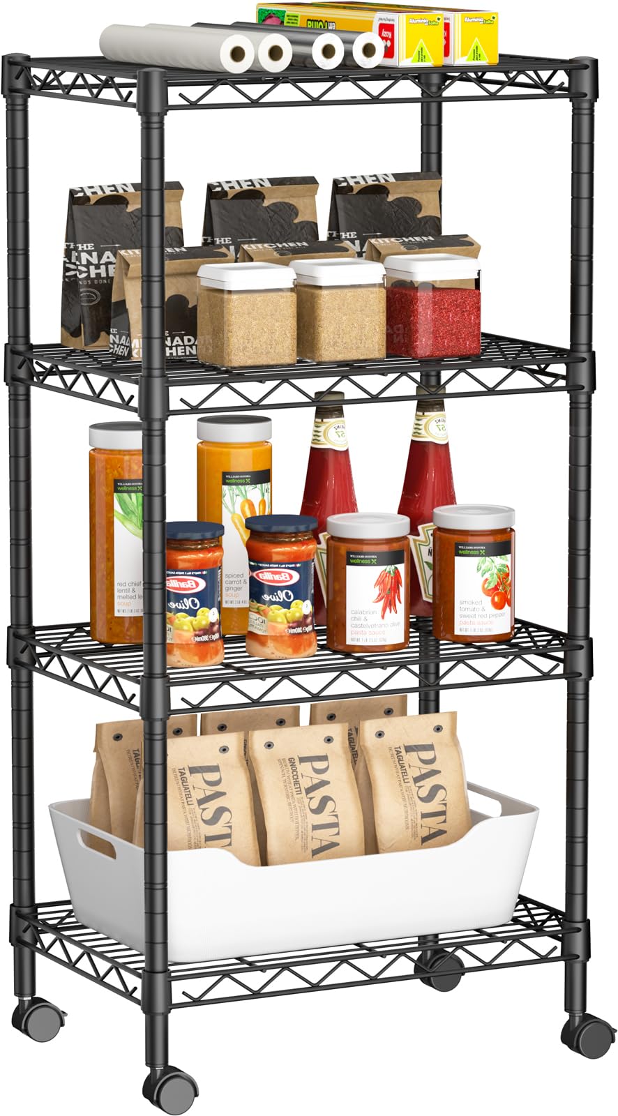 Golpart Small 4-Tier Shelves front view with wheels for versatile storage