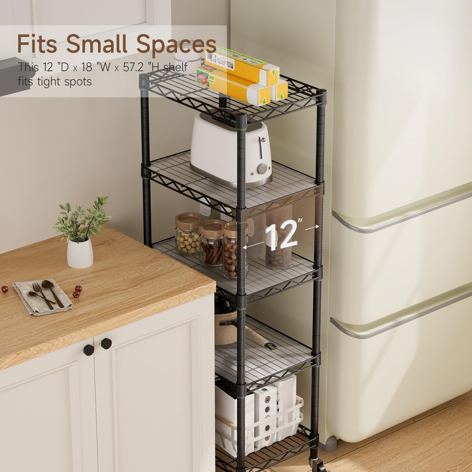 Golpart Small 5-Tier Shelves with wheels installed for easy mobility
