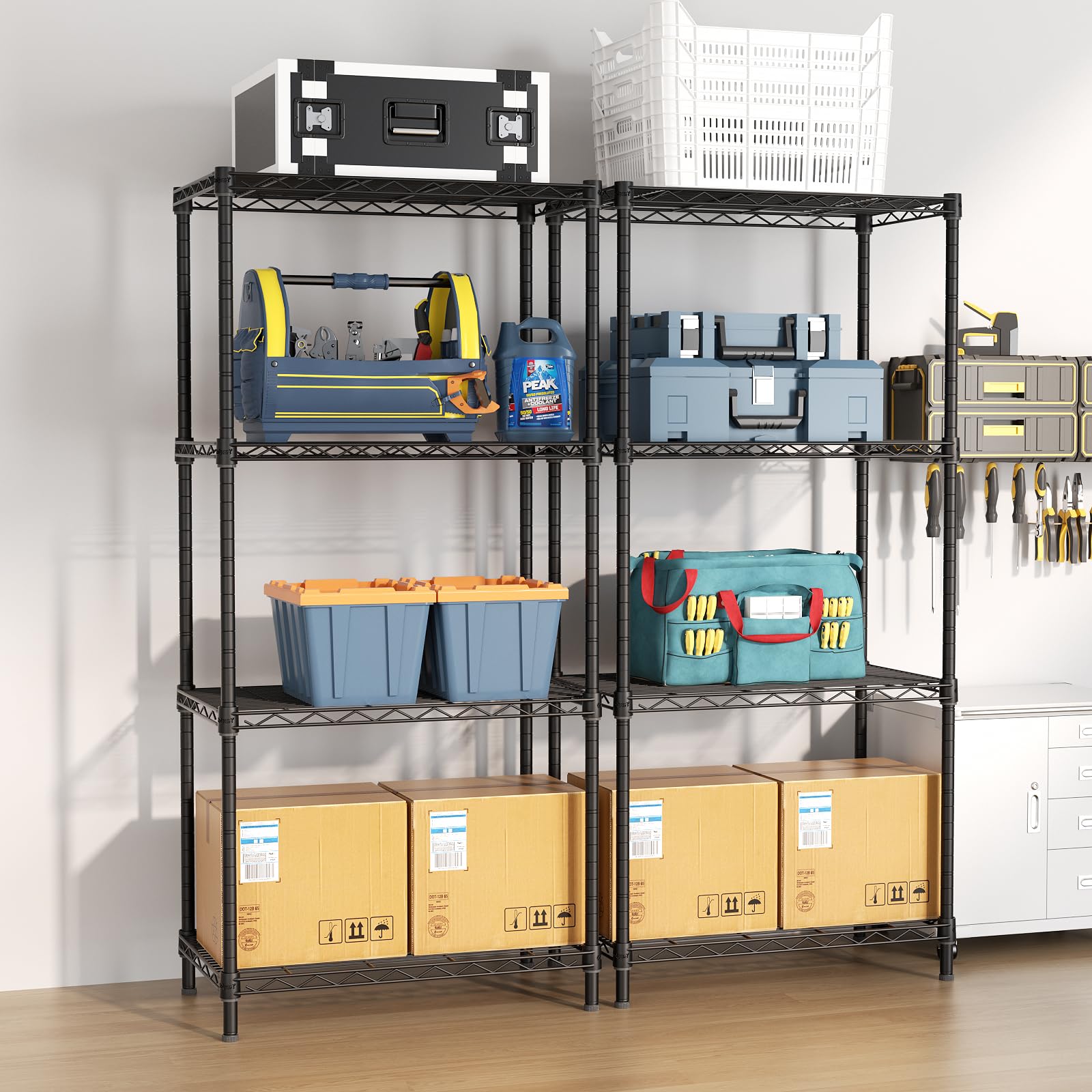 Golpart storage rack in pantry keeping cans, jars, and towels organized.