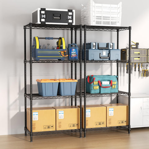 Golpart storage rack in pantry keeping cans, jars, and towels organized.