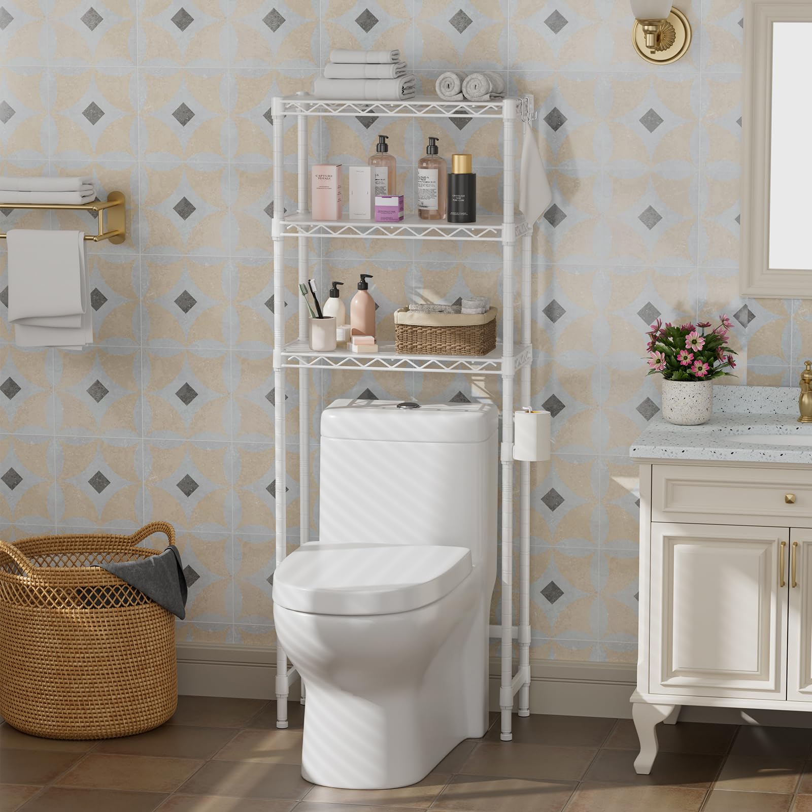 Golpart built-in toilet paper holder keeps essentials within easy reach.