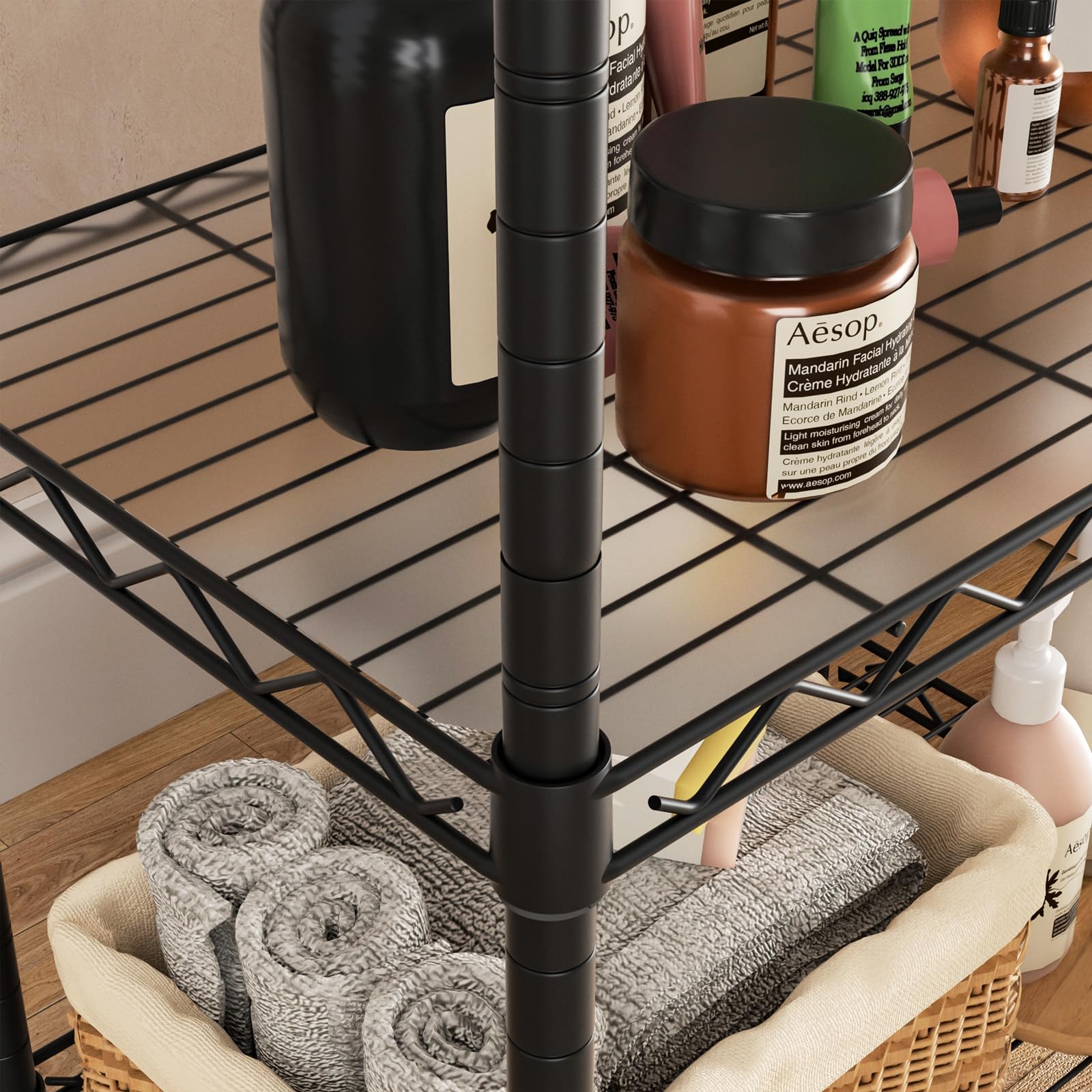 Golpart shelving with four wheels enables smooth mobility for cleaning.