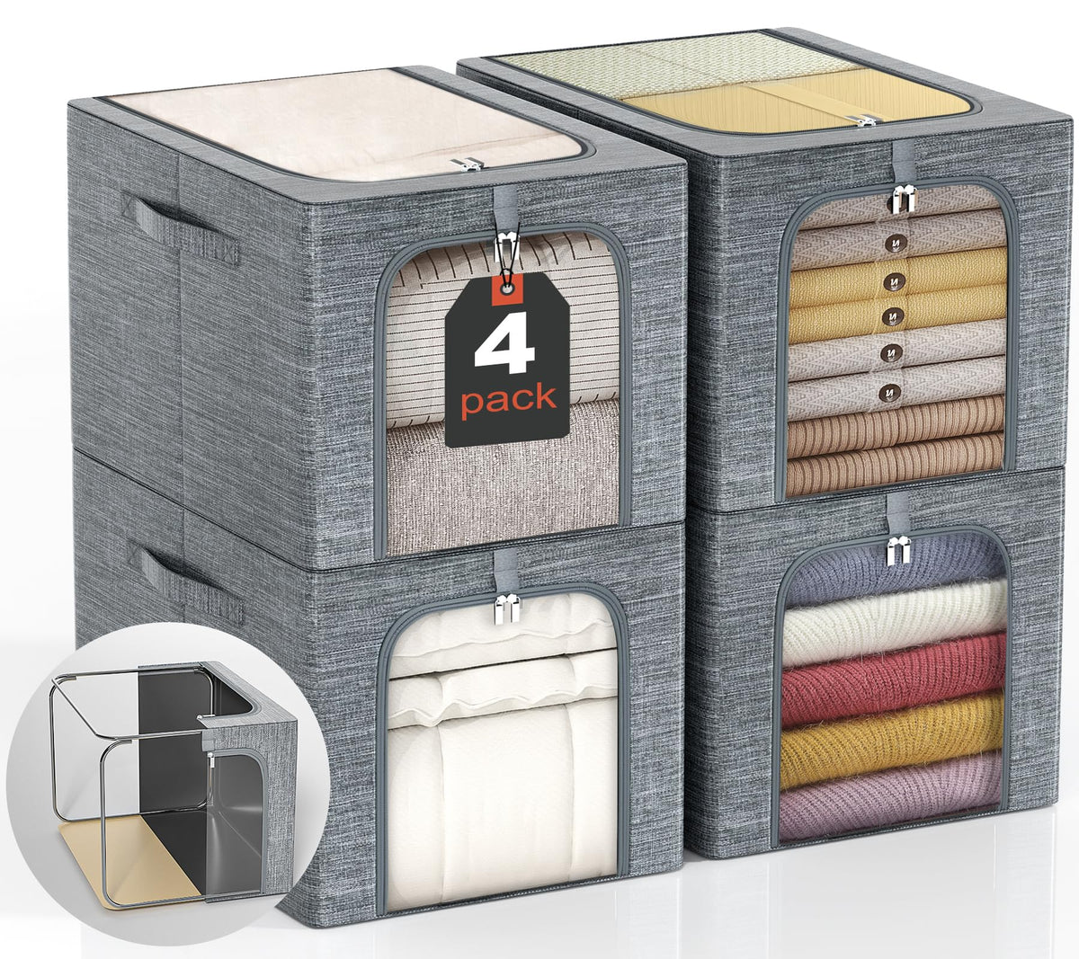 GoMaihe clothes storage bin with metal frame and 4-pack stackability for organized closets.