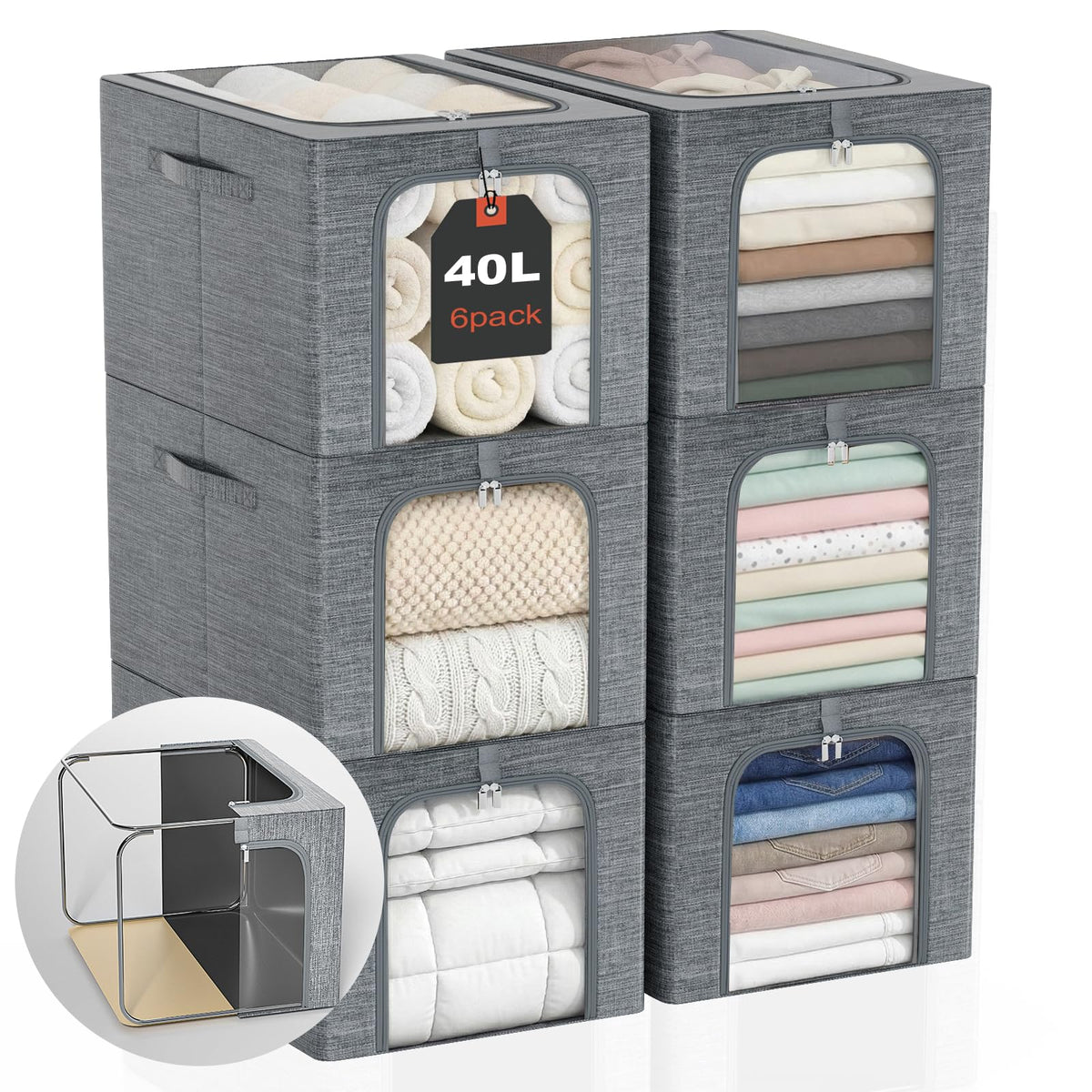 GoMaihe six-pack clothes storage bins with metal frames and lids, stacked neatly for strong closet organization.
