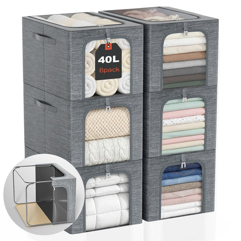 GoMaihe six-pack clothes storage bins with metal frames and lids, stacked neatly for strong closet organization.