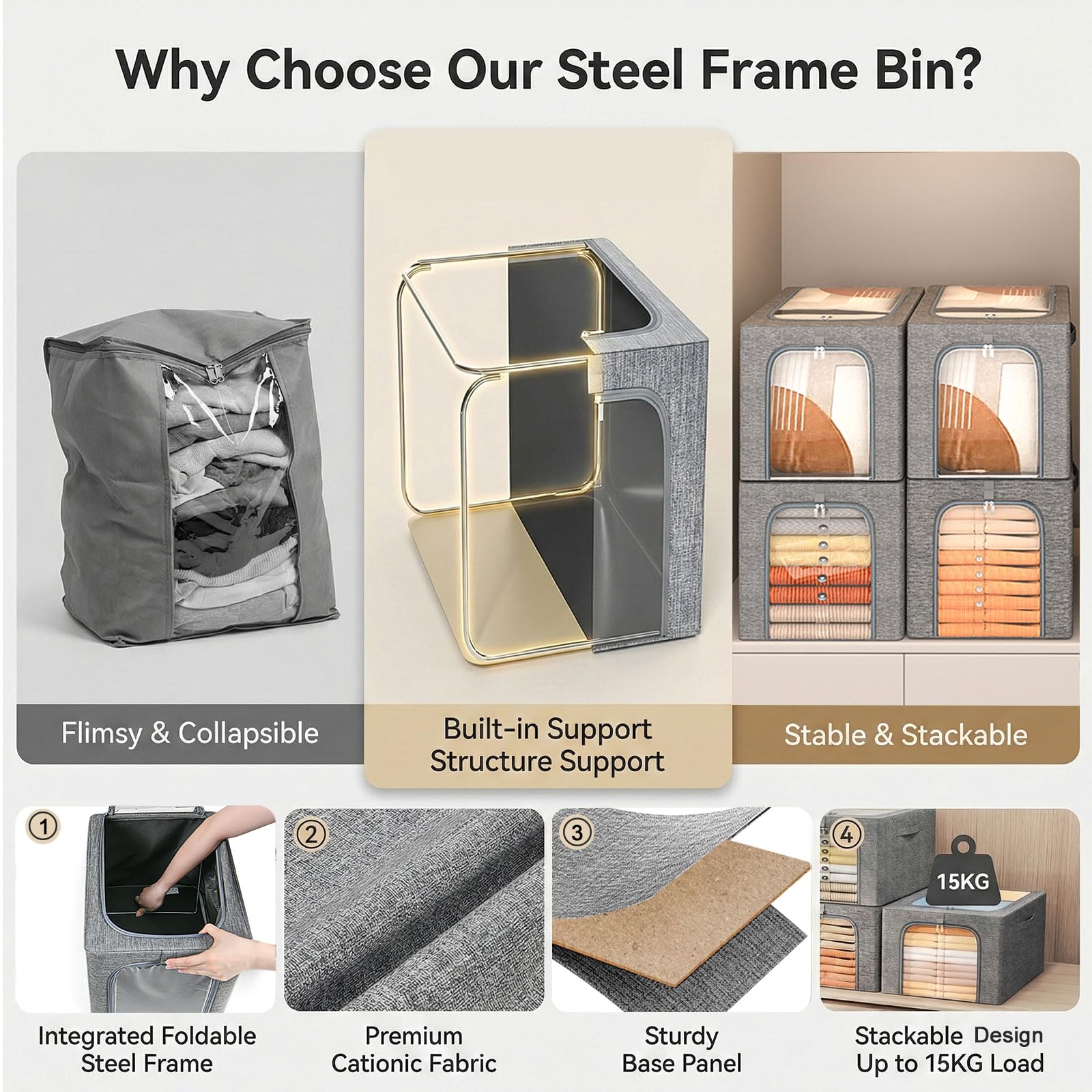 GoMaihe deep closet bin shows 16.5in depth and 12.6in width, maximizing space.