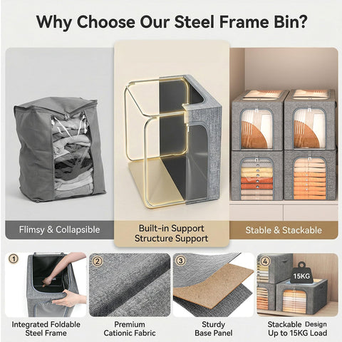 GoMaihe deep closet bin shows 16.5in depth and 12.6in width, maximizing space.