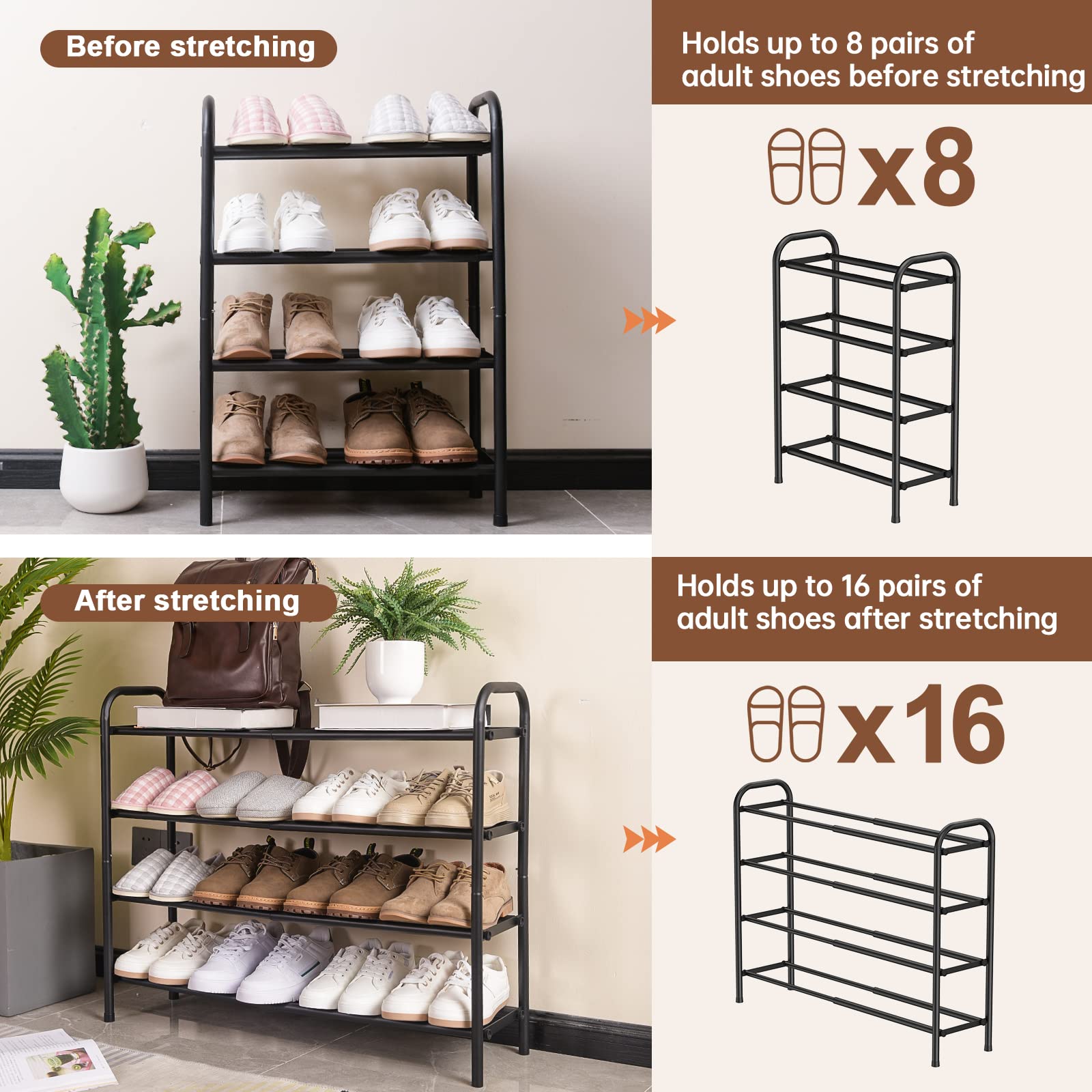 Gonfoam free-standing shoe rack setup suitable for various spaces.
