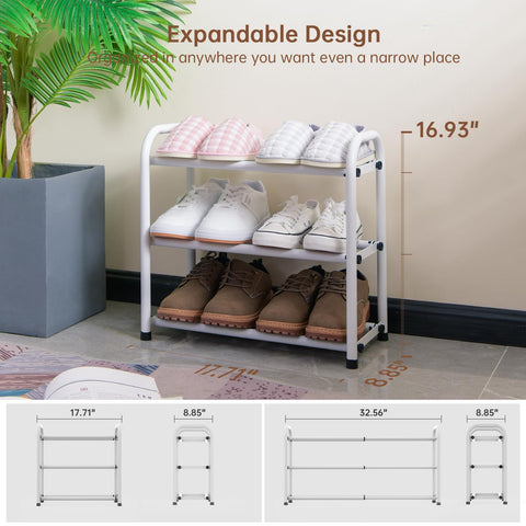 Gonfoam 3-Tier Expandable Shoe Rack assembly view shows tool-free setup and sturdy joints