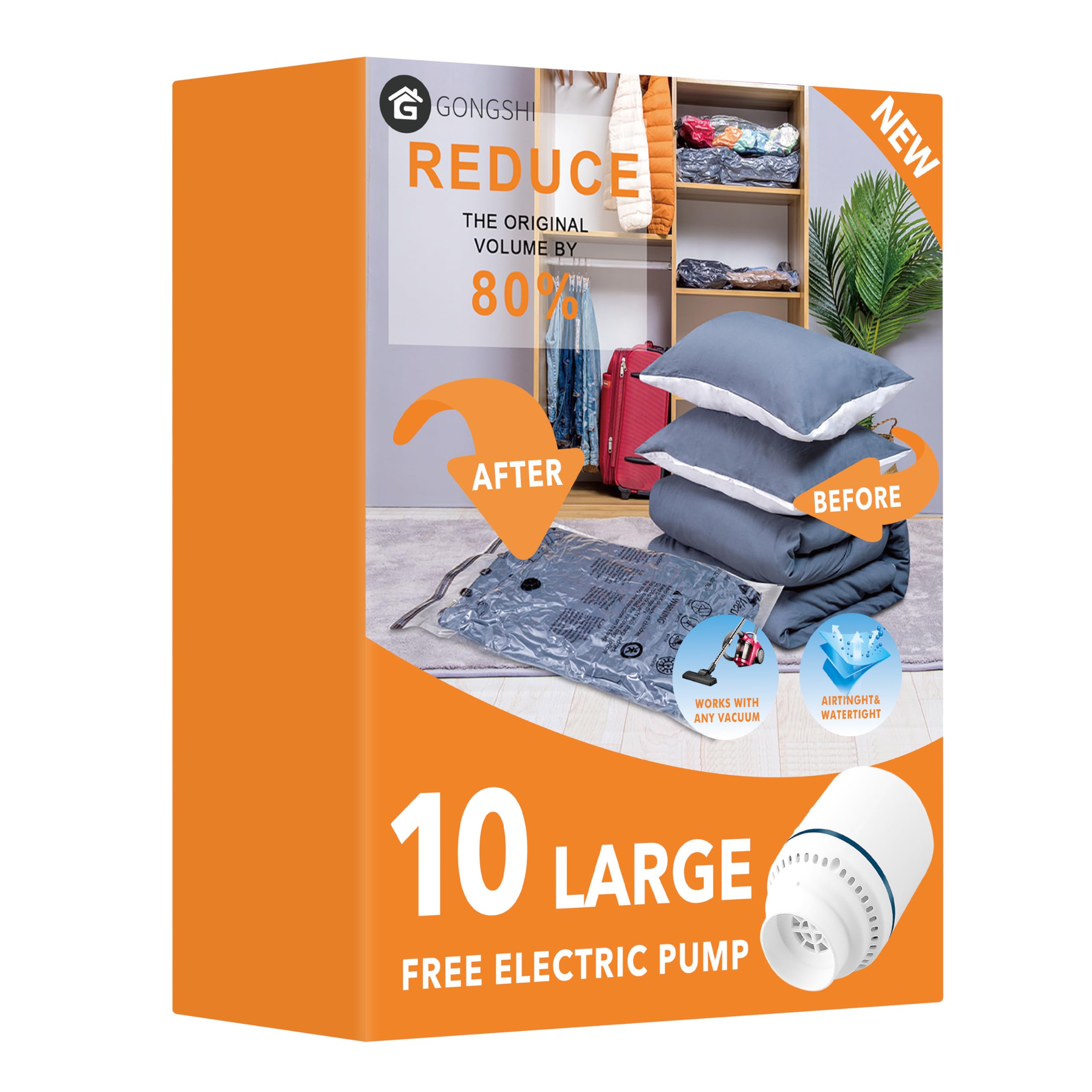 GONGSHI vacuum bags for clothing with pump demonstrate ultimate space saving for bulky wardrobes.