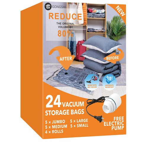 GONGSHI vacuum bags complete 24-piece set for space-saving home storage.