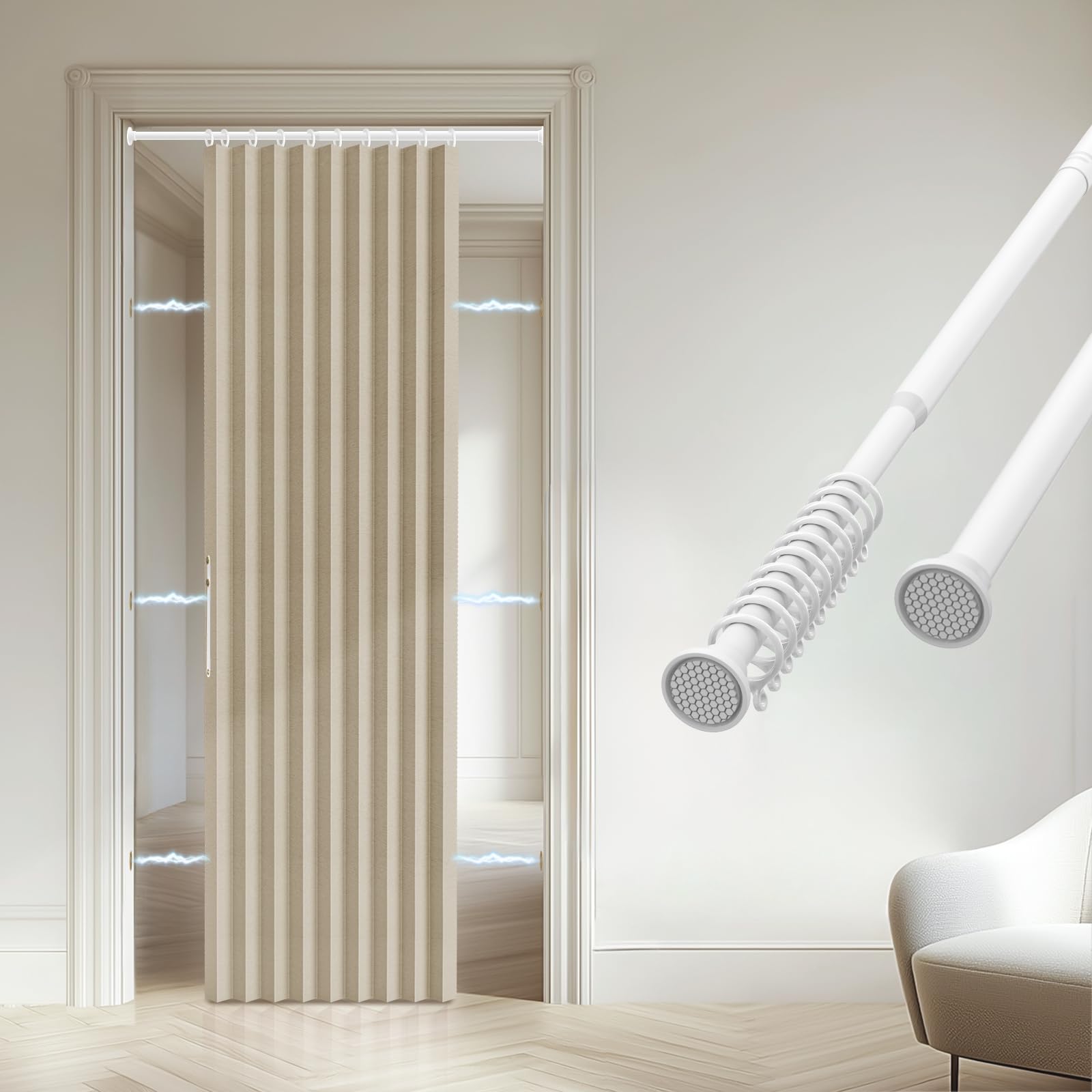 Gonnrly accordion curtain beige with included rod showing easy installation