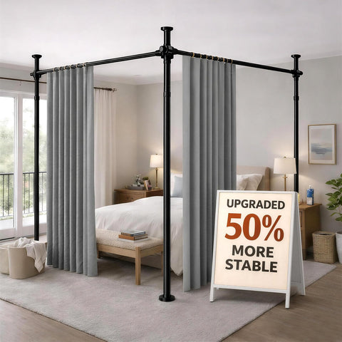 Gonnrly room divider rod fully extended for wide, adaptable space definition.