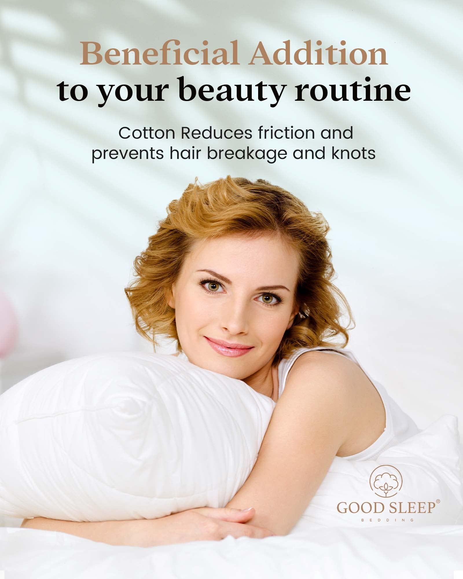 Good Sleep Bedding sateen weave white pillowcase for smooth skin contact.