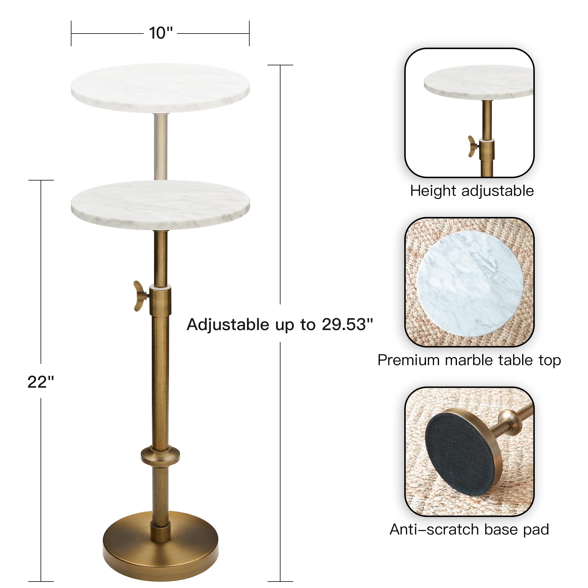 Goodinough adjustable-height marble drink table pedestal base provides stable support.
