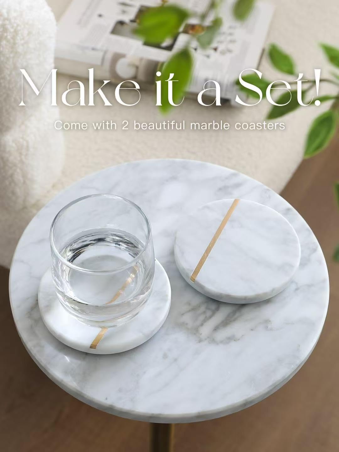 Goodinough marble drink table closeup marble texture highlights natural veining.