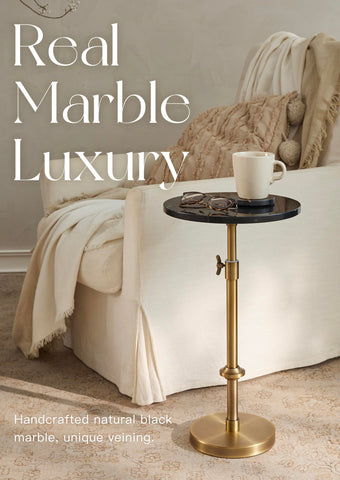 Goodinough modern round end table with black marble and antique brass finish