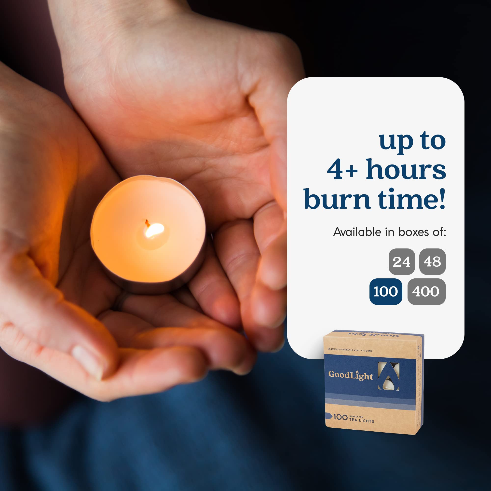 GoodLight recyclable paperboard box keeps your tea lights organized.