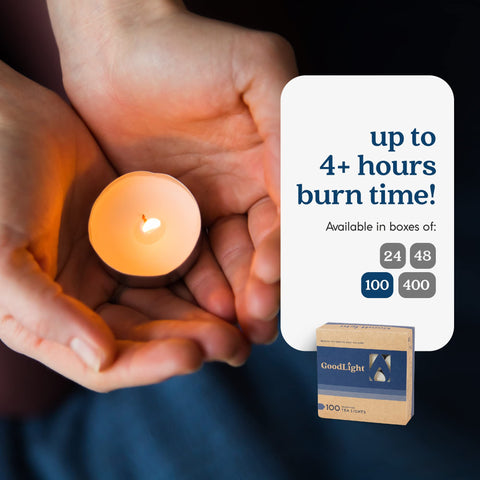 GoodLight recyclable paperboard box keeps your tea lights organized.