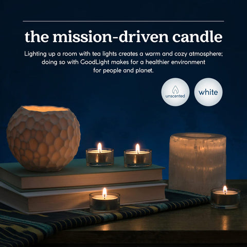GoodLight paraffin-free tea light for safe, smoke-free ambience.