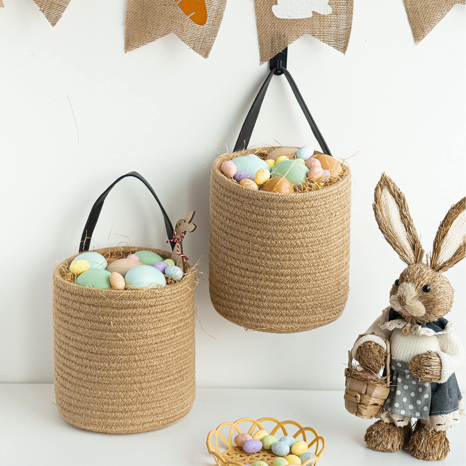 Goodpick 2pack jute hanging basket serves bathroom organization with towel, cosmetics, or toiletries.