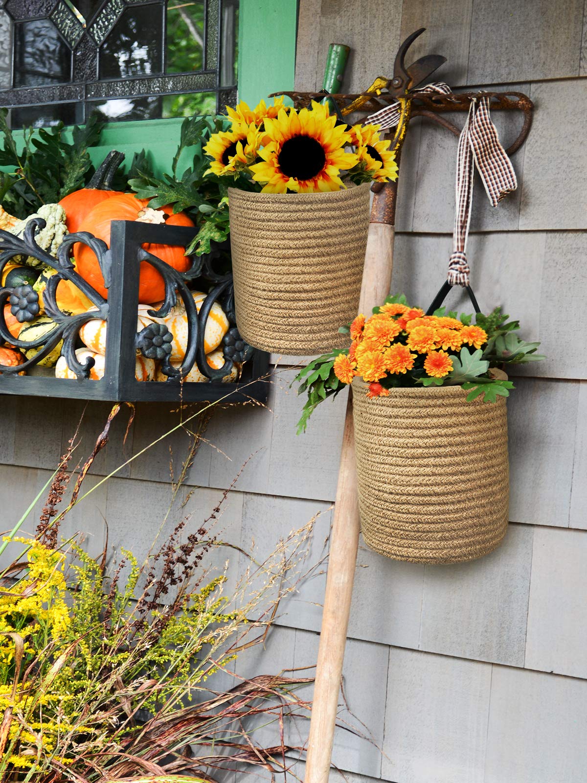 Goodpick jute hanging basket for kitchen storage keeps counter clutter under control.