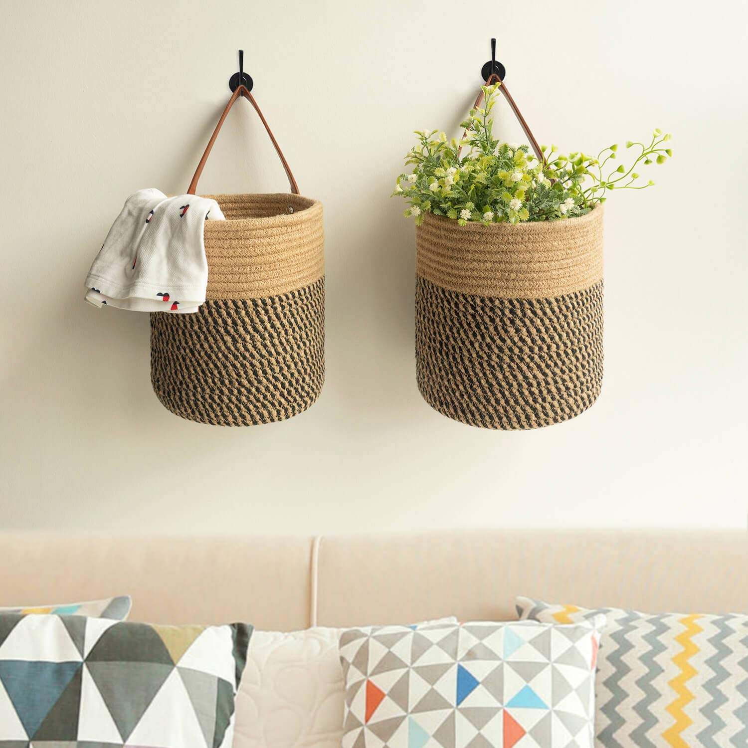 Goodpick 2pack basket in black and jute fits kitchen and entryway storage