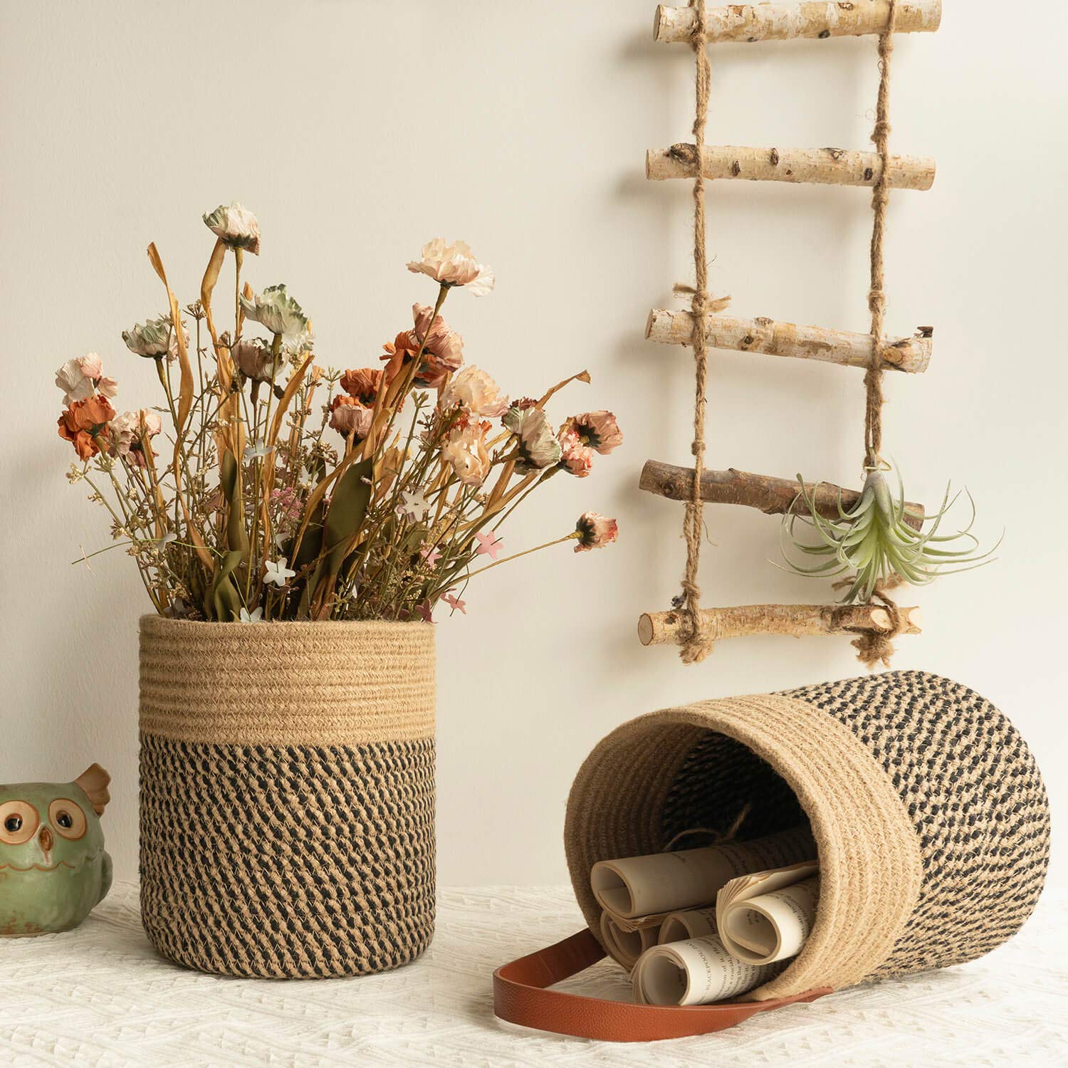 Goodpick 2pack jute rope hanging basket on wall for compact storage and stylish organization