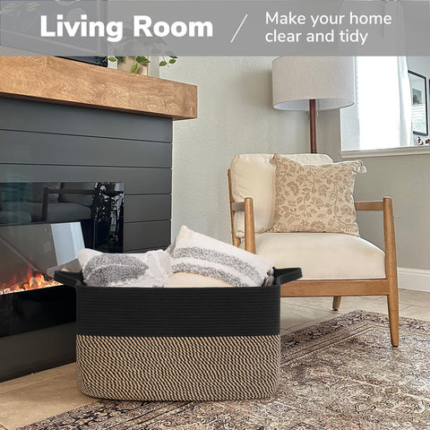 Goodpick blanket basket large-handle-detail offers easy pull from shelves.