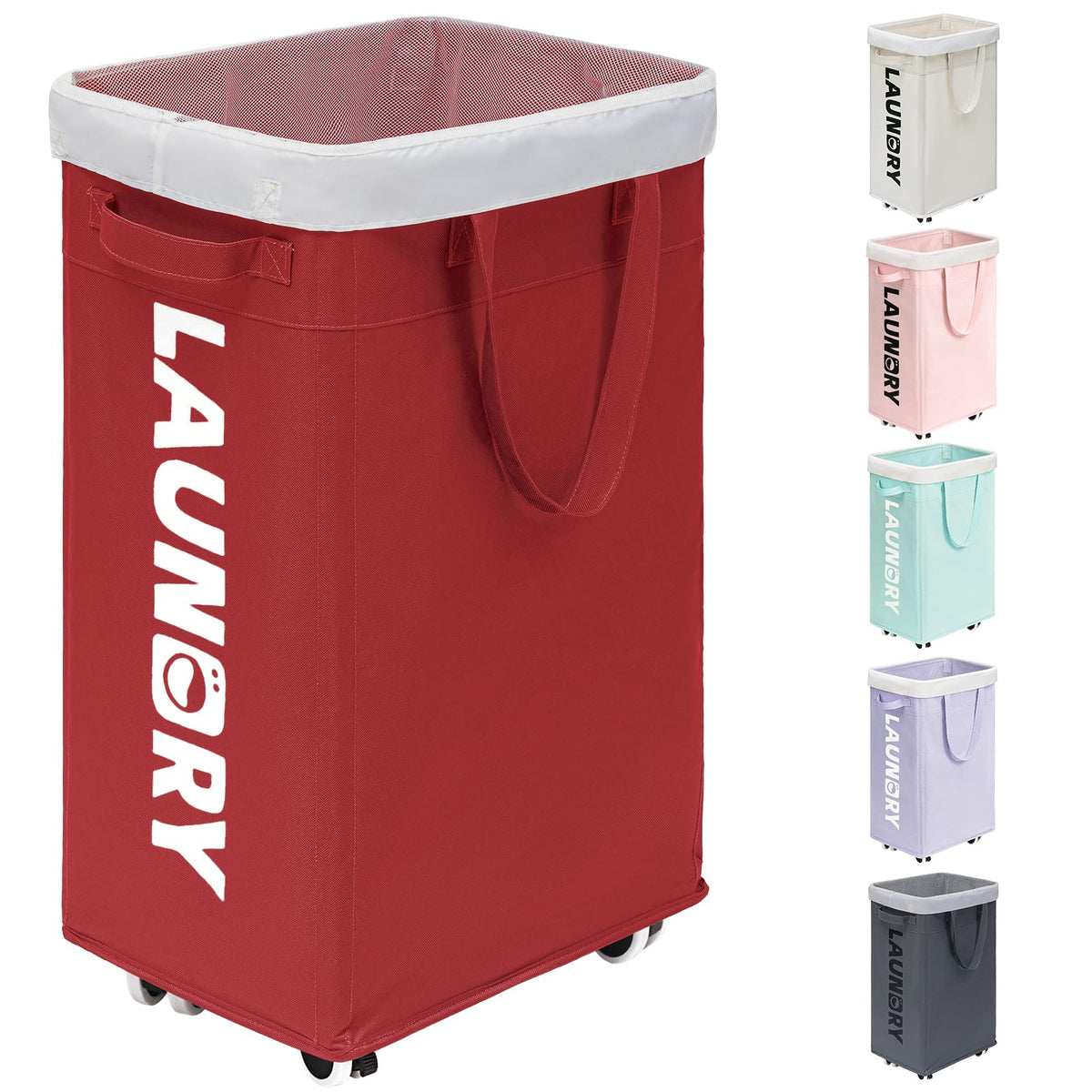 Goodpick laundry basket with wheels front-angle view showing stability for quick laundry trips