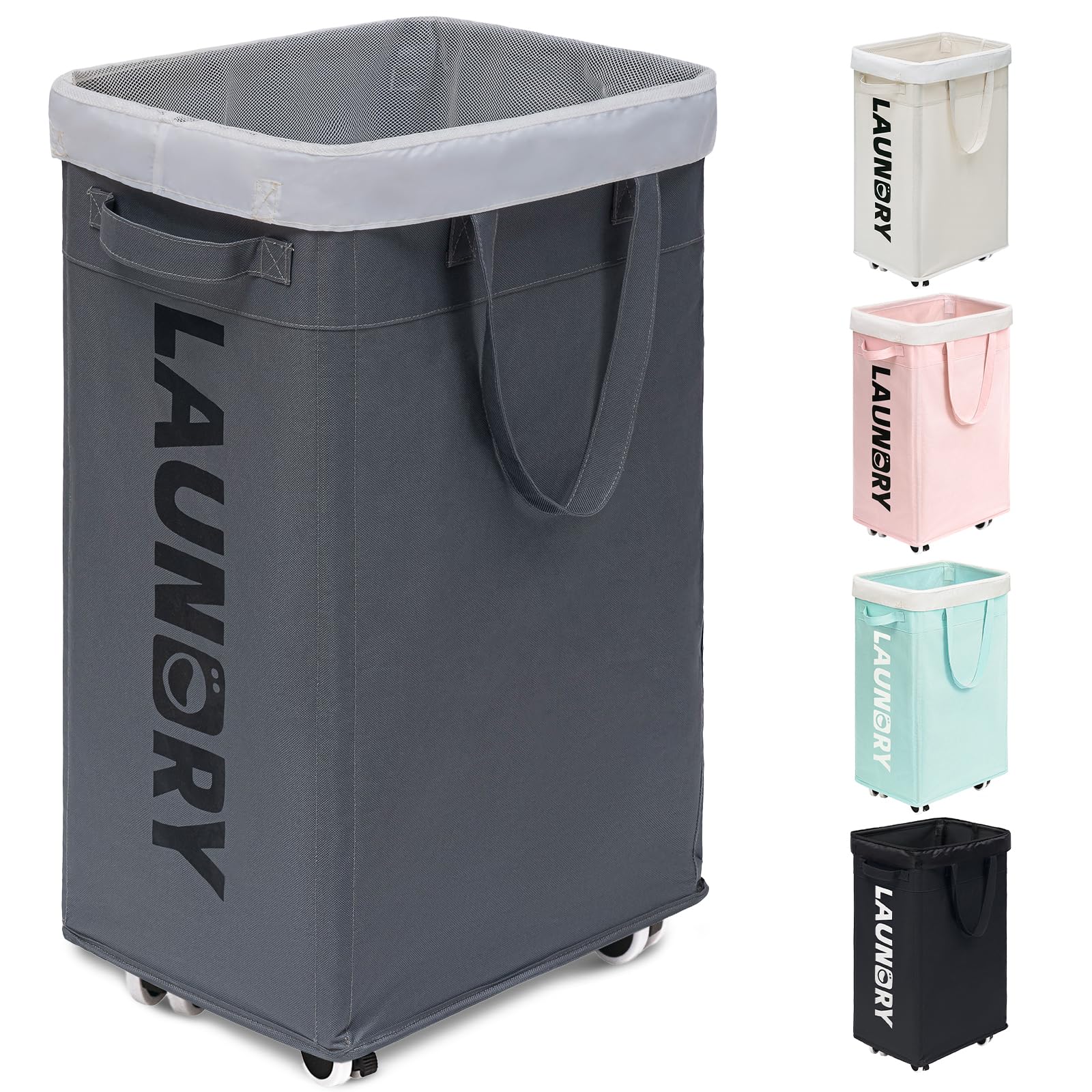 Goodpick laundry basket with wheels, side view, easy mobility for dorm laundry.